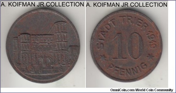 Funch-549.5, German City of Trier 10 pfennig notgeld; iron, plain edge; one year type, not clear what variety, if any, uncirculated details, some dark iron oxidation as expected.
