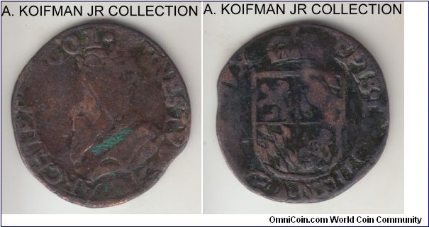 KM-14, (1581-1612) Liege liard; copper, plain edge; Prince Bishopric Ernest of Bavaria, appear to be KM-14, well circulated, part cleaned.