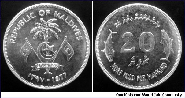 Maldives 20 rufiyaa. 1977, F.A.O. Ag 500. Weight; 28,28g. Diameter; 38,6mm. Mintage: 15.000 pcs.