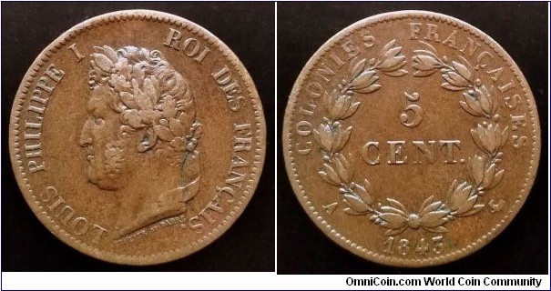 French colonies 5 centimes. 1843 A, Louis Philippe I. Struck for the Marquesas Islands.