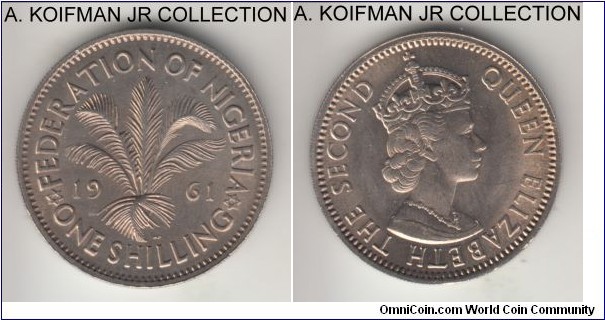 KM-5, 1961 Federation of Nigeria shilling; copper-nickel, security reeded edge; Elizabeth II, short lived pre-independence coinage, bright uncirculated.