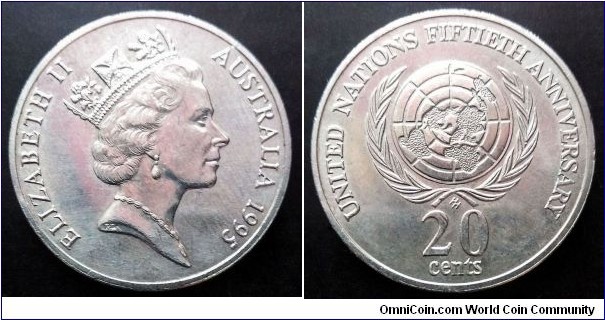 Australia 20 cents. 1995, 50th Anniversary of United Nations.