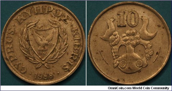 10 cents. Cyprus coat of arms (A dove holding an olive twig and the independence year 1960),Nickel brass, 24.5 mm