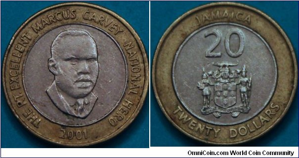 20 dollars, with Marcus Garvey national hero, Bimetallic: copper-nickel in brass ring, 23 mm