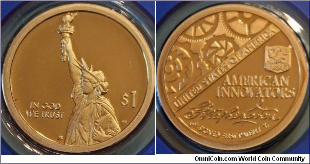 First of the American Innovation $1 Coin Program.  features George Washington’s signature for the first patent in the new US.  Manganese brass, 26.5 mm