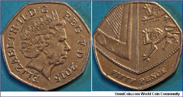 50 pence, with portion of the Royal Shield on reverse.  Cu-Ni, 27.3 mm