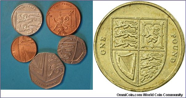 UK Royal Shield series from 2008-2015.  Missing 5 pence in middle.  1 pound coin image from https://onlinecoin.club/Coins/Country/United_Kingdom/One_Pound_2009/