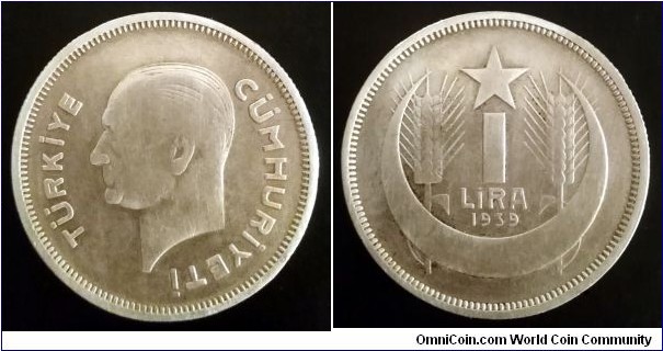 Turkey 1 lira. 1939, Mustafa Kemal Atatürk. Ag 830. Weight; 12g. Diameter; 29,5mm. Mintage: 376.000 pcs.