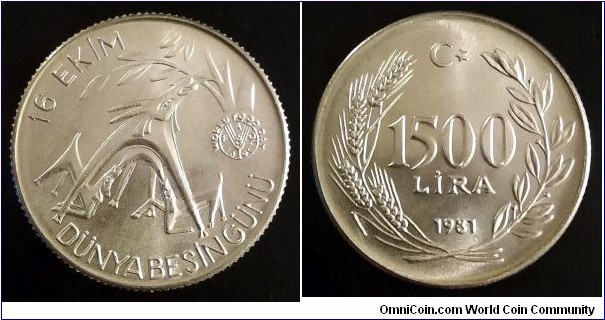 Turkey 1500 lira. 1981, F.A.O. - World Food Day. Ag 925. Weight; 16g. Diameter; 30mm. Mintage: 6.000 (Krause) or 9.418 according to Numista.