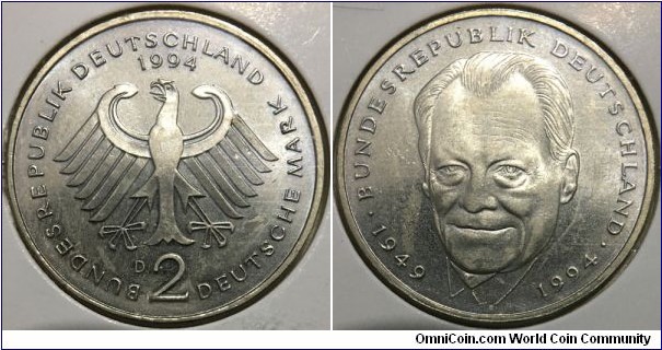 2 Deutsche Mark (Federal Republic of Germany - Re-Unified / 45 Years of the Federal Republic of Germany // Copper-Nickel clad Nickel)