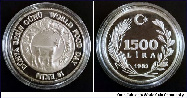 Turkey 1500 lira. 1983, F.A.O. - World Food Day. Ag 925. Weight; 16g. Diameter; 30mm. Proof. Mintage: 1.552 (Krause) or 4.497 according to Numista.