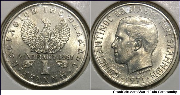 1 Drachma (Kingdom of Greece / King Constantine II / The Regime of the Colonels of 21 April 1967 // Copper-Nickel /*)