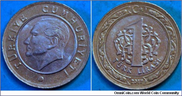 1 Lira, with Mustafa Kemal Atatürk. Bimetallic: cu-ni center in brass ring, 26 mm