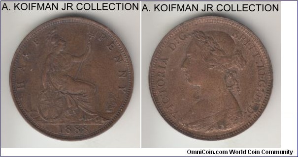 KM-789, 1888 Great Britain half penny; bronze, plain edge; Victoria, young head, decent extra fine or almost details.