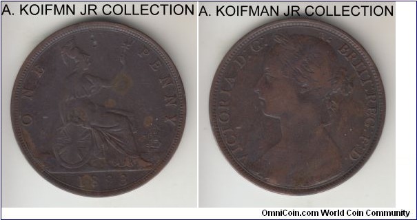 KM-755, 1893 Great Britain penny; bronze, plain edge; Victoria, very good to fine details - strong rims but few digs in the fields.