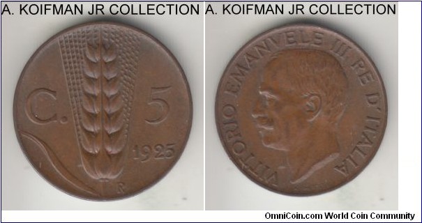 KM-59, 1925 Italy 5 centesimi, Rome mint (R mint mark); copper, plain edge; Vittorio Emmanuele III, common year, extra fine.