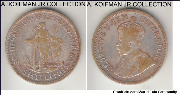 KM-17.3, 1933 South Africa (Dominion) shilling; silver, reeded edge; George V, very good or about, cleaned.