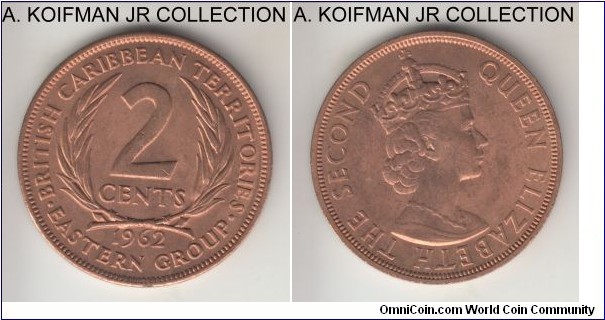 KM-3, 1962 British Caribbean Territories (East Caribbean) 2 cents; bronze, plain edge; Elizabeth II, red brown average uncirculated.