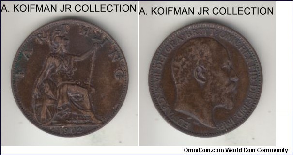 KM-792, 1902 Great Britain farthing; bronze, plain edge; Edward VII, blackened at mint, very fine or so.