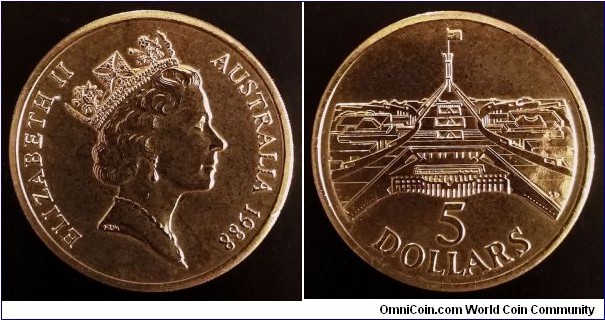 Australia 5 dollars. 1988, Parliament House. Al-br. Weight: 28g. Diameter; 38,74mm.