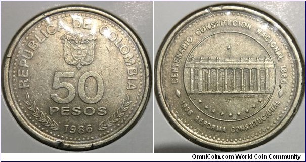 50 Pesos (Republic of Colombia / 100th Anniversary of National Constitution & 50th Anniversary of Constitutional Reform // Nickel Brass) 