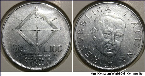 100 Lire (Italian Republic / 100th Anniversary of the birth of Guglielmo Marconi // Acmonital) 
