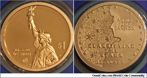 Delaware American Innovation $1 Coin. Honoring Annie Jump Cannon, who invented a system for classifying the stars. Manganese-brass, 26.5 mm