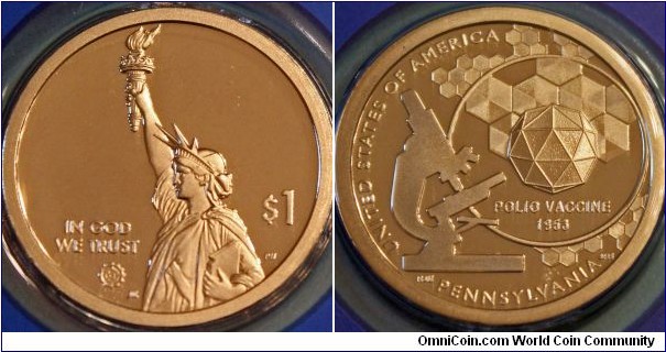 Pennsylvania American Innovation $1 Coin. Honoring development of the polio vaccine.  Manganese-brass, 26.5 mm