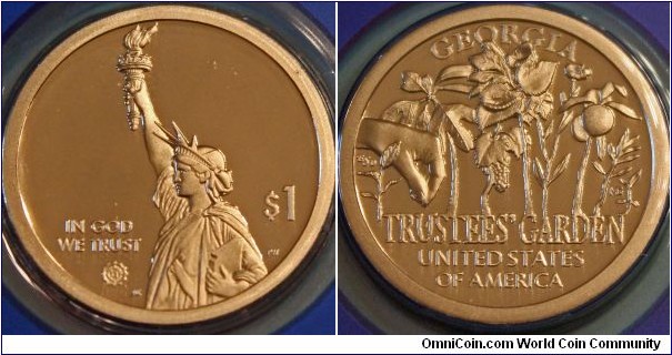 Georgia American Innovation $1 Coin. Honors the Trustees’ Garden, dedicated to botany and agriculture. Manganese-brass, 26.5 mm