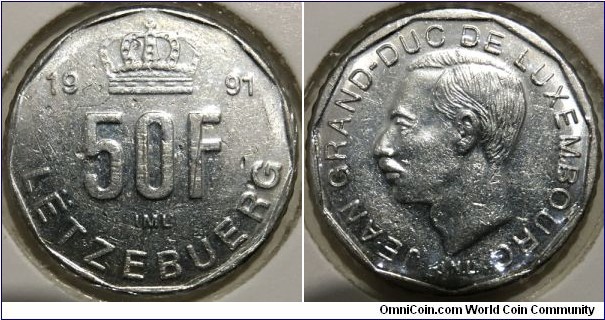 50 Francs (Grand Duchy of Luxembourg / Grand Duke Jean // Pure Nickel 7g / Rare, Mintage 10.000 pcs) 