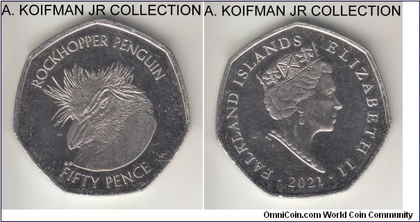 KM-197.1, 2021 Falkland Islands 50 pence, Pobjoy mint, AA initials; copper-nickel, 7-sided flan, plain edge; circulation issue, Rockhopper penguin, lightly circulated.