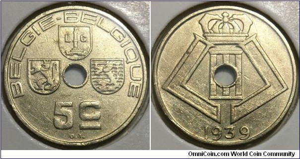5 Centimes (Kingdom of Belgium / King Leopold III // Nickel Brass) 