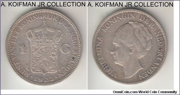 KM-161.1, 1923 Netherlands gulden; silver, incuse edge; Wilhelmina, very fine or so.