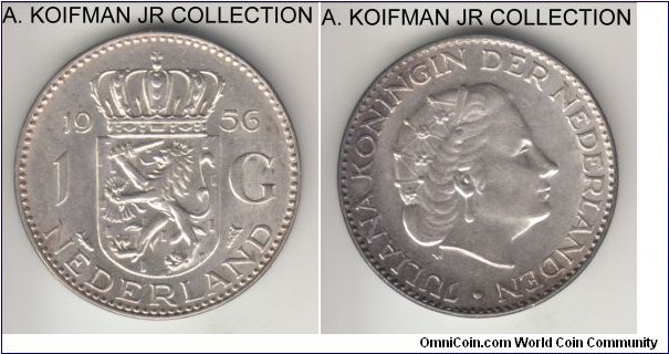 KM-184, 1956 Netherlands gulden; silver, lettered edge; Juliana, average uncirculated, toned obverse.