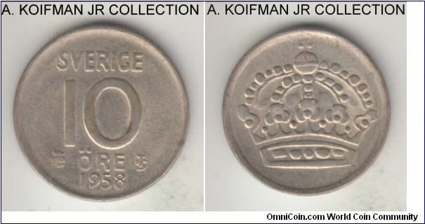 KM-823, 1958 Sweden 10 ore; silver, plain edge; Gustaf V, common debased silver period, usual weak strike, almost uncirculated.