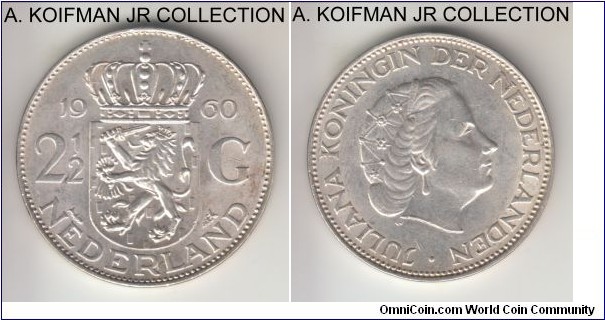 KM-185, 1960 Netherlands 2 1/2 gulden; silver, lettered edge; Juliana, bright average uncirculated or almost.