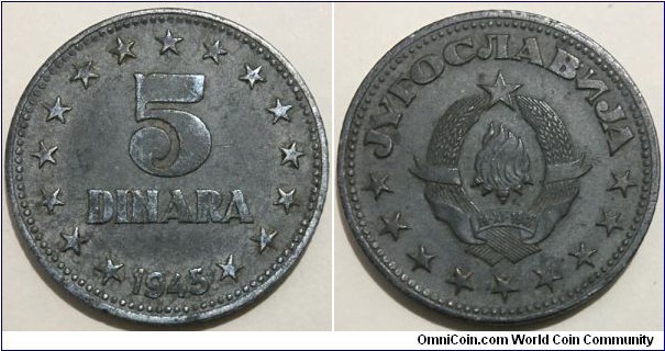 5 Dinara (Democratic Federative Yugoslavia / Federation Dinar // Zinc 6g) 