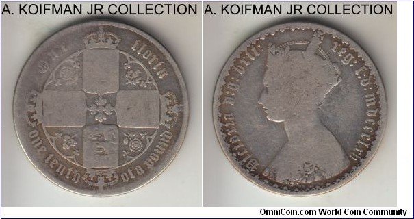 KM-746.3, 1865 Great Britain florin; silver, reeded edge; Victoria, die #27, well circulated and worn.