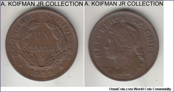 KM-161.2, 1919 Chile centavo; copper, plain edge; one year type, nice brown almost uncirculated.