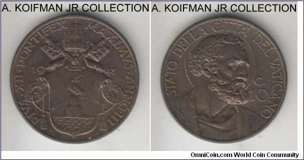 KM-23, 1941 Vatican 10 centesimi; aluminum-bronze, plain edge; Year III of Pius XII , smallest mintage of the type at 7,500, brown uncirculated, some toning in the fields.