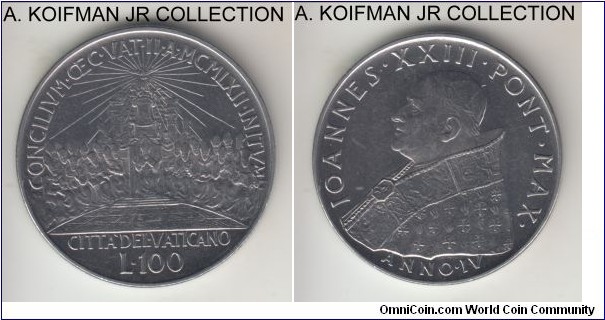 KM-73, 1962 Vatican 100 lire; stainless steel, reeded edge; Year IV of John XXIII, 1-year special issue commemorating Second Ecumenical Council, nice bright choice uncirculated.