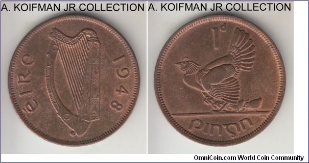 KM-11, 1948 Ireland penny; bronze, plain edge; pre-decimal Republican coinage, red brown uncirculated.
