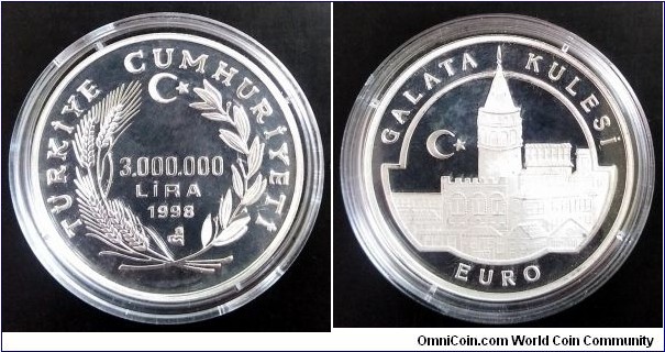 Turkey 3.000.000 lira. 1998, Galata Tower. Ag 925. Weight; 31,47g. Diameter; 38,61mm. Proof. Mintage: Mintage: 3.000 (Krause) or 1.587 according to Numista.