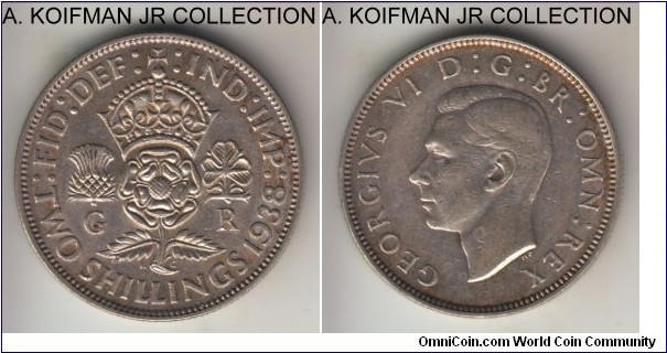 KM-855, 1938 Great Britain florin (2 shillings); silver, reeded edge; George VI, good very fine to about extra fine details, cleaned.