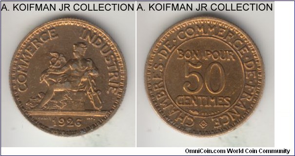 KM-884, 1926 France 50 centimes; aluminum-bronze, plain edge; better details, lacquered.