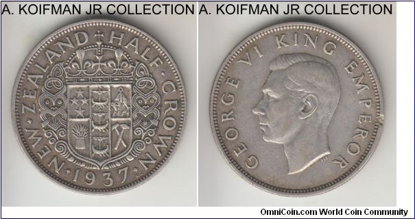 KM-11, 1937 New Zealand half clown; silver, reeded edge; George VI, coronation year, almost very fine, obverse old cleaning and edge defect or post-mint impact.