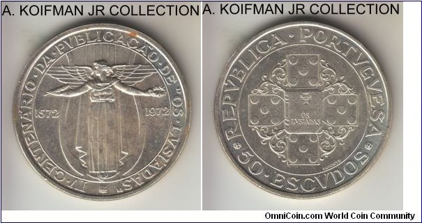 KM-602, 1972 Portugal 50 escudos; silver, reeded edge; 400'th anniversary of Os Lusiadas, uncirculated, typically toned.