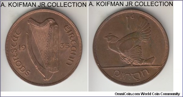 KM-3, 1935 Ireland (Free State) penny; bronze, plain edge; early Republican issue, nice uncirculated or almost with some red remaining.