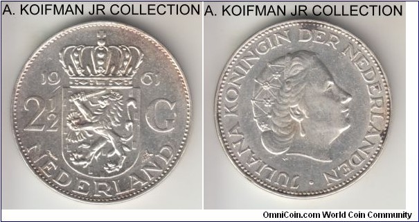 KM-185, 1961 Netherlands 2 1/2 gulden; silver, lettered edge; Juliana, almost uncirculated details, couple of toning/stain spots.