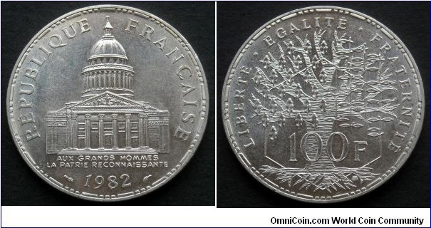 France 100 francs. 1982, Ag 900. Weight; 15g. Diameter; 31mm. Mintage: 3.029.711 pcs.